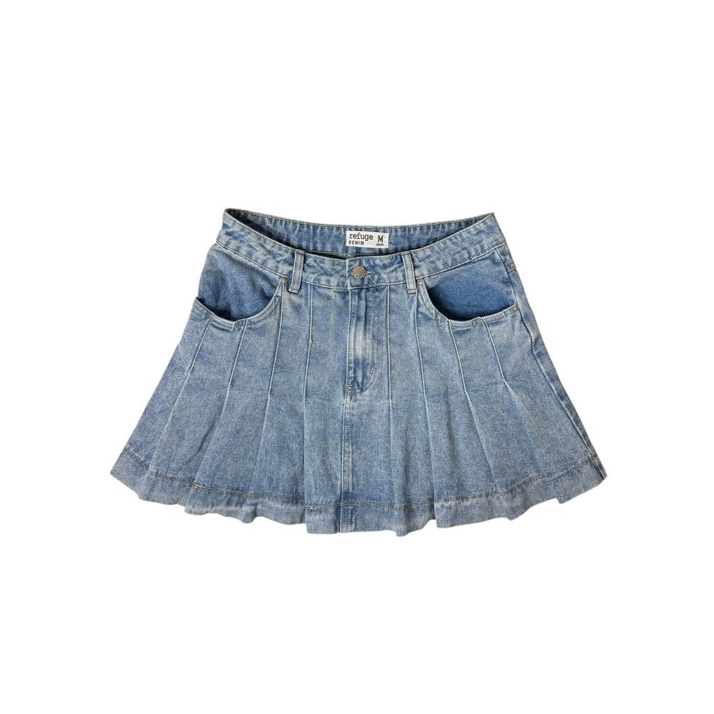 Refuge Denim Light Wash Pleated Mini Skirt Skater Style Blue Size M 26-251 CR